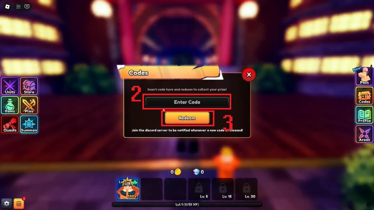 Cách sử dụng code Anime Final Strike Roblox bước 2