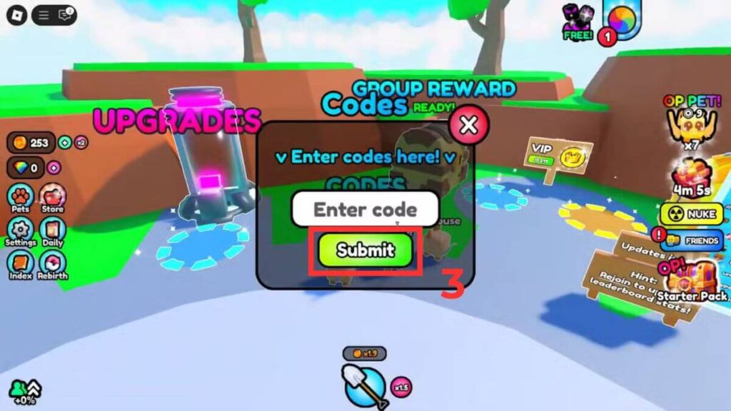 Cách sử dụng Code Dig 1 Million Blocks bước 3