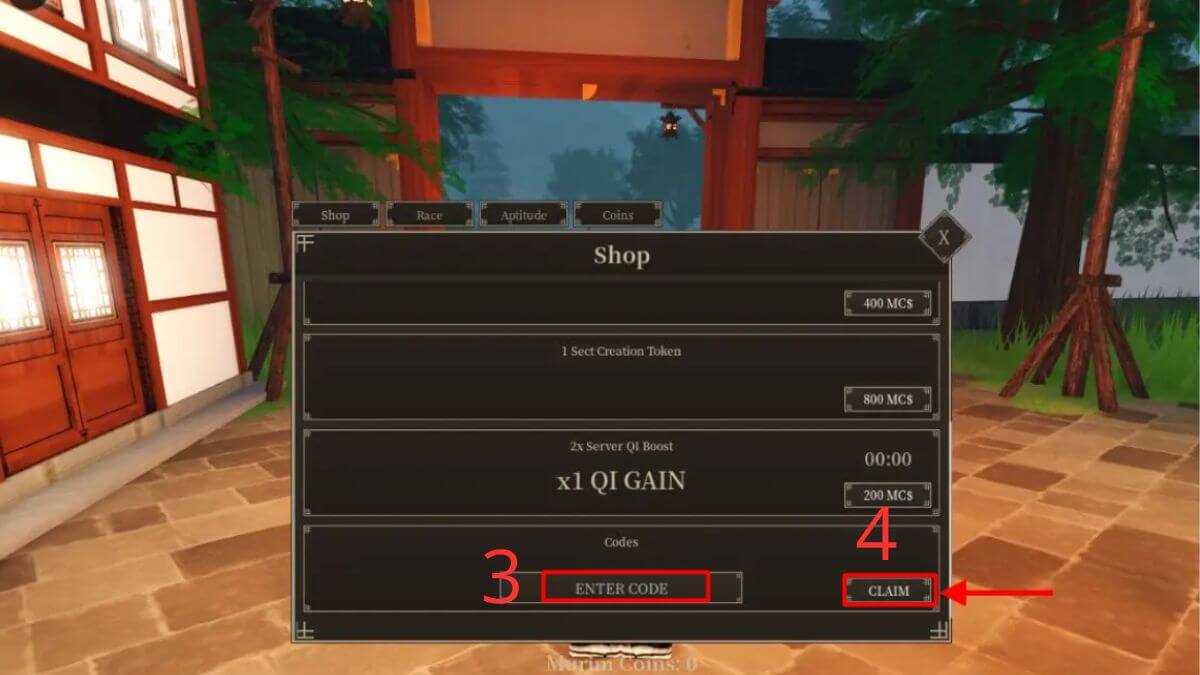 Cách sử dụng code Murim Cultivation bước 3
