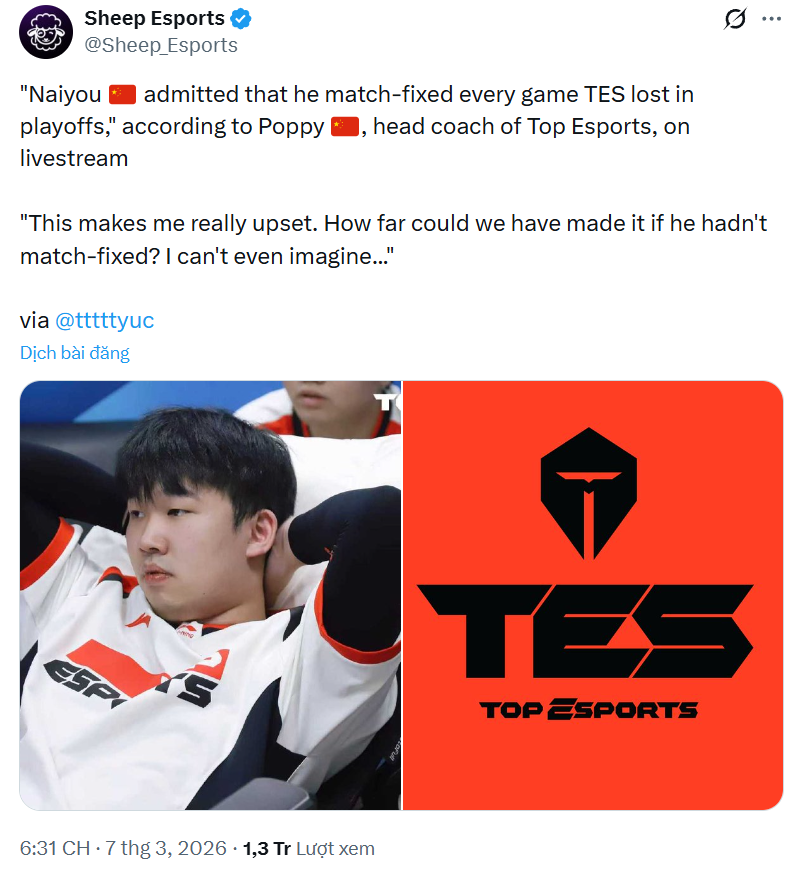 Thông tin từ TES cho biết, chính HLV trưởng đã xác nhận Naiyou thực sự có hành vi “bán độ”.