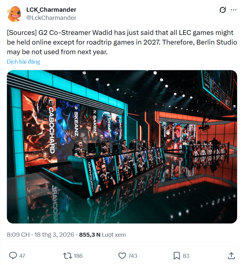 Xuất hiện nhiều thông tin về việc LEC hoặc chỉ G2 sẽ chuyển sang thi đấu online từ năm 2027.